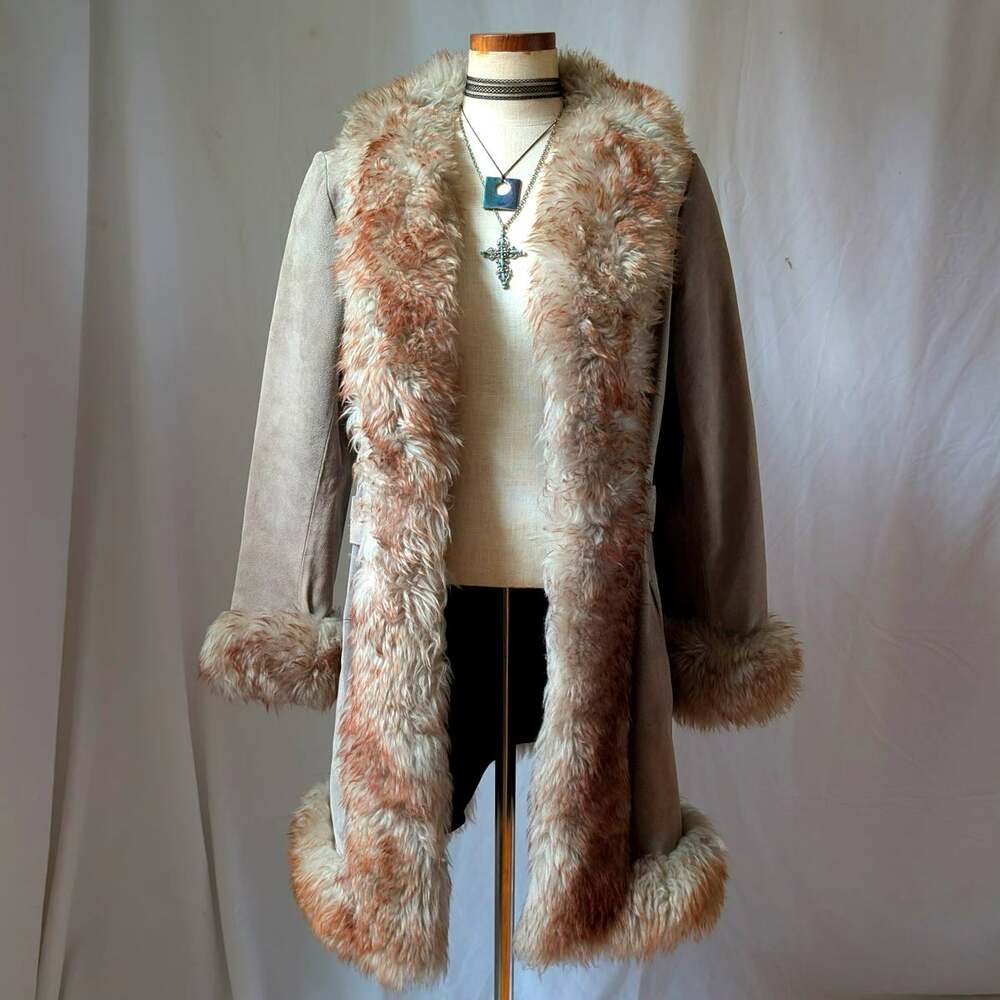 Vintage Suede Penny Lane Fur Trim Jacket M Tan Shearling 70s Leather Trench Coat